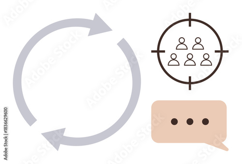 Circular arrows for process flow, target audience symbol, and speech bubble for communication. Ideal for teamwork, project management, feedback, strategy, communication concept, marketing cycle