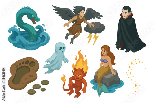 Mythical Creatures Assembly. Isometric vector illustration set of Mythical creatures: sea serpent swirl, storm harpy, vampire in