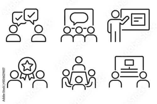 Peer Learning Icons. Line style icons of peer-to-peer learning in CBE: peer feedback exchange, group discussion board, student