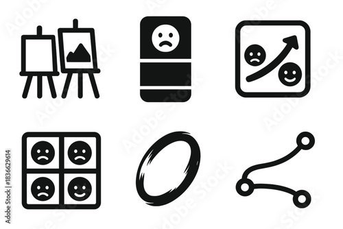Art Transformation Icons. Solid style icons of transformative art stages: canvas before/after icon, emotion progression slab,