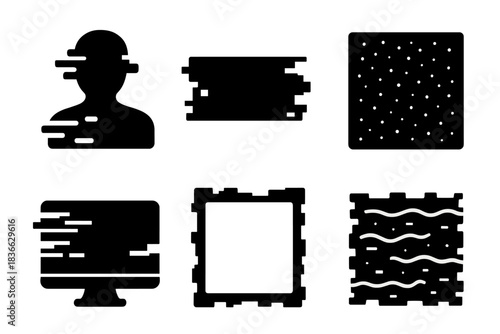 Glitch Art Icons. Solid style icons of glitch and noise aesthetics: scrambled portrait icon, pixel distortion slab, noise-layered