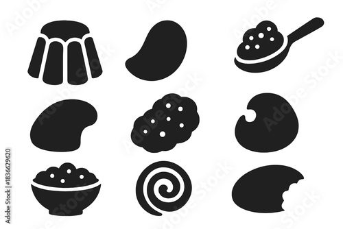 Edible Texture Icons. Solid style icons of edible textures: jiggly jelly icon, crisp chip edge, bubbly foam spoon. Velvet smooth