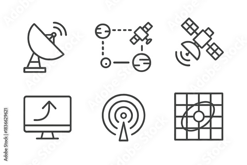 Satellite Communication Icons. Line style icons of satellite and communication education: satellite dish icon, space relay diagram