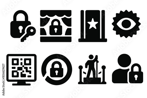 Encrypted Access Icons. Solid style icons of encrypted performance access: lock with token key, encrypted stage icon, access gate