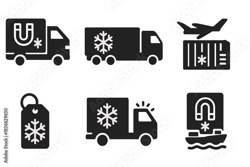 Refrigerated Transport Icons. Solid style icons of transport refrigeration: truck with magnet fridge icon, cargo cooler trailer,