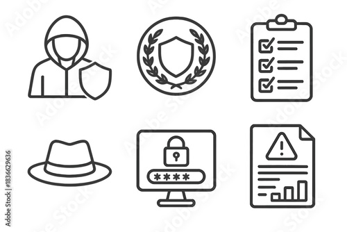 Ethical Hacking Fundamentals Icons. Line style icons of ethical hacking training fundamentals: hacker hoodie icon with shield,