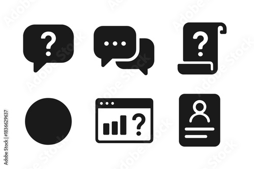 Silent Q&A Icons. Solid style icons of silent Q&A interfaces: question bubble glyph, reply blink icon, scroll badge. Input ring,