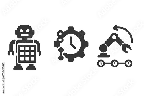 Robotic Time Control Icons. Solid style icons of time control in robotics: robot with timing grid, action scheduling gear, motion