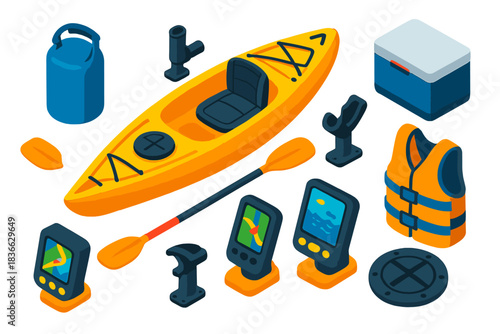 Fishing Gear Icons. Isometric vector illustration set Fishing equipment – kayak, paddle, life vest; rod holder, dry bag, deck