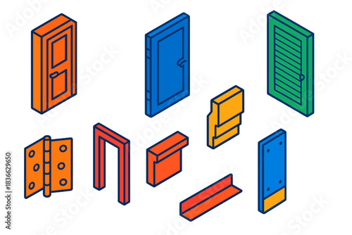 Colorful Door Elements. Isometric vector illustration set Doors – panel door, flush door, louvered door; hinge set, door frame,