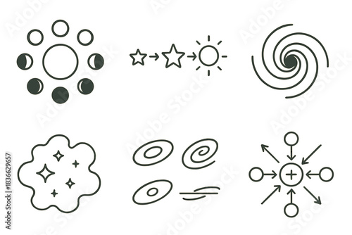 Astronomy Icon Set. Line style icons of astronomy topics in school: phases of the moon, star lifecycle chart, black hole swirl,