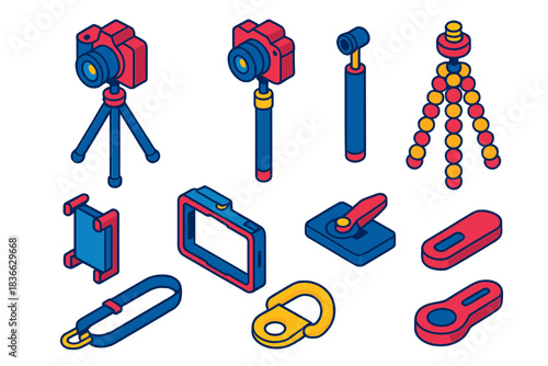 Photography Equipment Icons. Isometric vector illustration set Film and photography – action tripod, monopod, gorillapod; phone