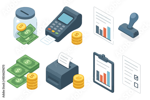 Election Finance Icons. Isometric vector illustration set Voting and elections – campaign finance icons: donation jar, dollar