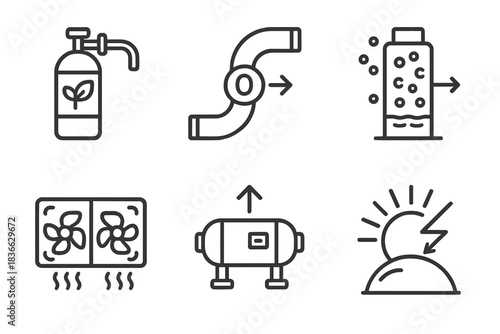 Planetary Atmosphere Tools. Line style icons of planetary atmosphere manipulation: nitrogen booster, oxygen injector pipe, carbon