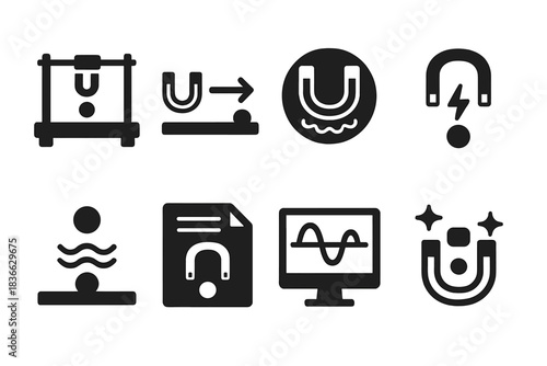 Levitation Experiment Icons. Solid style icons of levitation experiment stages: setup icon, alignment icon, test in progress badge