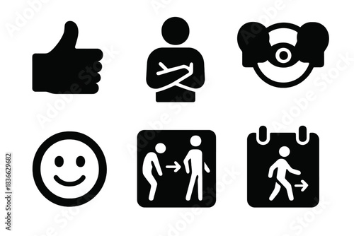 Body Language Icons. Solid style icons of body language symbolism: hand gesture glyph, crossed arms icon, eye contact badge.