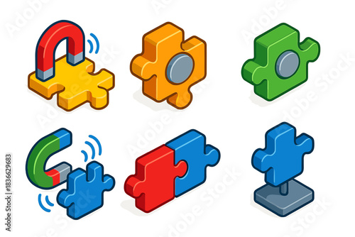 Magnetic Puzzle Pieces. Isometric vector illustration set Puzzle pieces – magnetic piece, embedded magnet, metal disc; magnetic