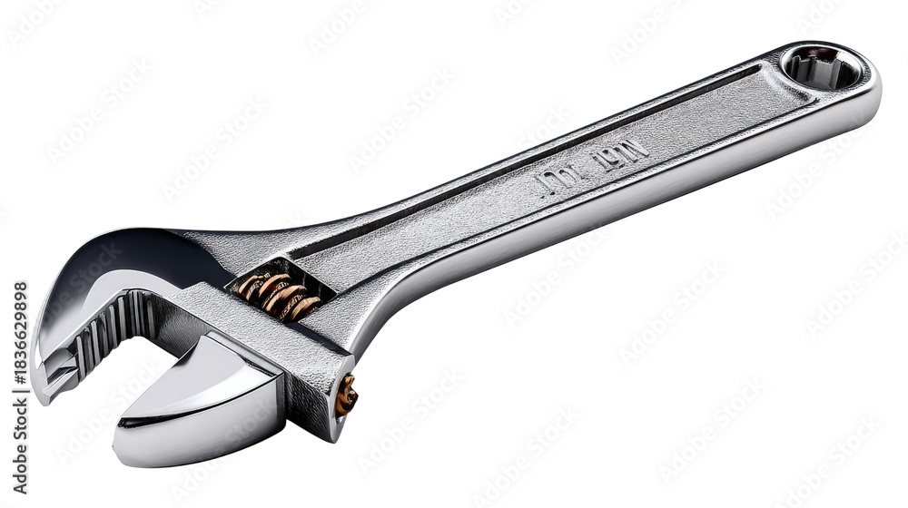 Obraz premium Adjustable Wrench: The gleaming metallic form of an adjustable wrench, a versatile tool, is displayed. This image embodies precision, mechanical engineering, and craftsmanship.