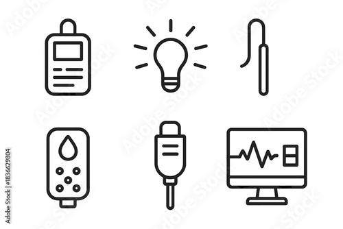Sensor Line Icons. Line style icons of sensors and monitoring: data logger icon, light intensity sensor, temperature probe,