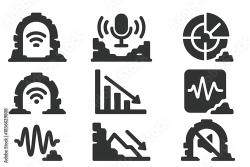 Sound Mapping Icons. Solid style icons of sound mapping inside ruins: echo wave glyph, mic scan icon, sonar badge. Reverb ring,