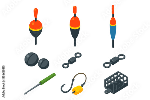 Fishing Gear Icons. Isometric vector illustration set Fishing equipment – bobber float, slip float, pencil float; split shot,