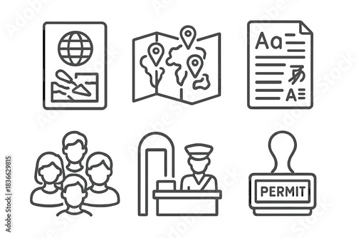 Field School Icons. Line style icons of international field school elements: passport with dig site, global site pins map,