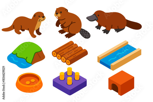 Zoo Animals Icons. Isometric vector illustration set Zoo animals – otter, beaver, platypus; riverbank, log raft, water channel;