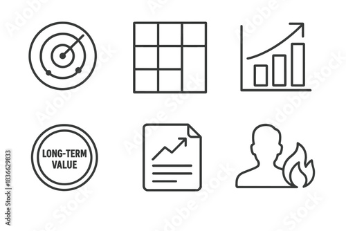 ESG Line Icons. Line style icons of ESG risks and opportunities: opportunity radar icon, ESG risk heatmap, strategic gap chart,