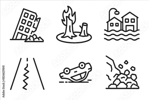 Disaster Aftermath Icons. Line style icons of disaster aftermath scenes: collapsed building, burnt forest stump, flooded street