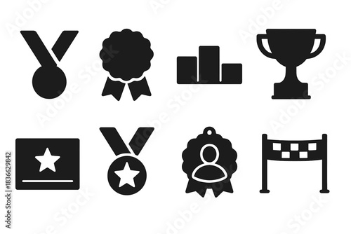 Reverse Medals Icons. Solid style icons of race medals and rewards: backward ribbon icon, mirror-text medal badge, flipped podium