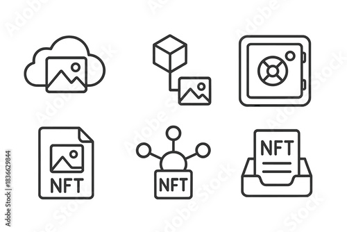 NFT Storage Icons. Line style icons of photo NFT storage and access: cloud image storage, IPFS photo link, secure vault icon, NFT