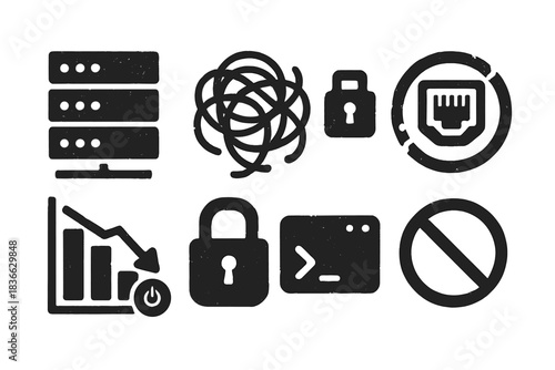 Abandoned Tech Icons. Solid style icons of abandoned tech remnants: server stack glyph, wire tangle icon, port badge. Circuit ring