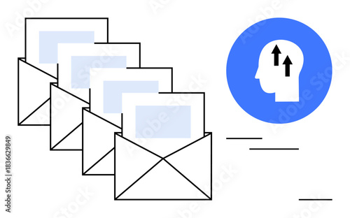 Email communication with multiple envelopes and a creativity symbol. Email as a key communication tool enabling innovative solutions, professional networks, and business growth. Perfect for tech
