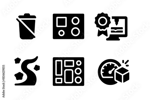 Micro-Manufacturing Efficiency Icons. Solid style icons of material optimization in micro-manufacturing: waste-minimized icon,