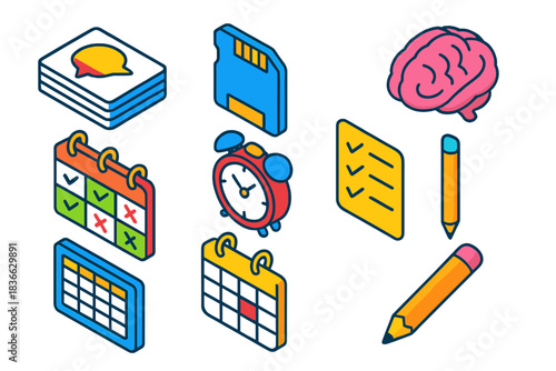 Bright Language Learning Icons. Isometric vector illustration set Language learning – flashcard stack, memory icon, brain