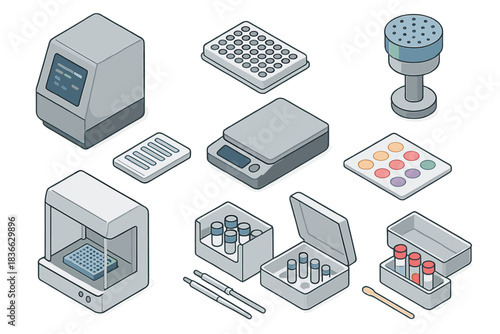 Microbiology Lab Equipment. Isometric vector illustration set of Microbiology lab: gel imaging system, sample tray, digital sample
