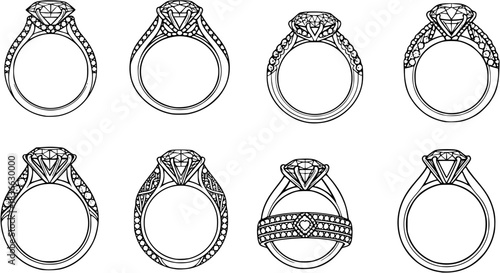 diamond studded engagement rings vector set, wedding ring symbolizing love and commitment. Variety of designs, from classic solitaires to intricate patterns