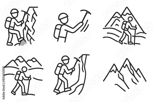 Mixed Climbing Icons. Line style icons of mixed climbing styles: ice and rock hybrid, dry tooling motion, alpine route mix,