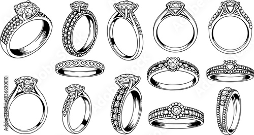 diamond studded engagement rings vector set, wedding ring symbolizing love and commitment. Variety of designs, from classic solitaires to intricate patterns