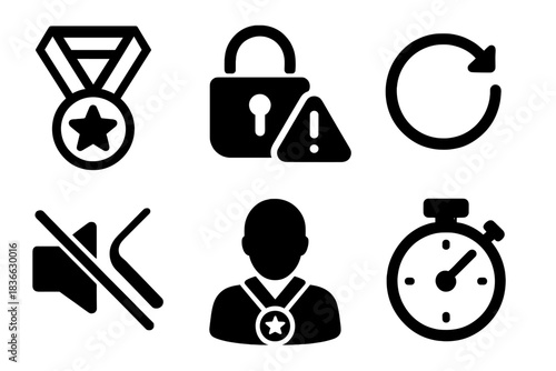 Lockpicking Icons Set. Line style icons of Competitive Lockpicking: competition medal, lock failure alert, round reset icon,