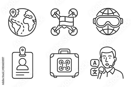 Drone Racing Icons. Line style icons of international drone racing: world map route, country flag on drone, globe icon with