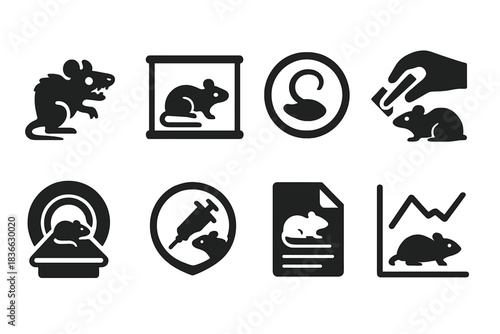 Lab Rat Experimentation. Solid style icons of lab rats and testing: zombie rat icon, test subject in lab box, petri dish with tail