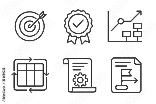 ESG Icons Collection. Line style icons of ESG improvement plans: goal setting icon, corrective action badge, action roadmap chart,