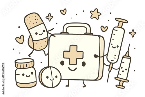 Cute Medical Collaboration. Charming doodle scene of cute medical tools and supplies building a friendly first aid kit together