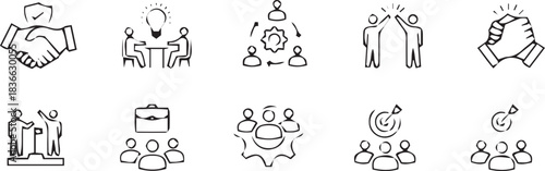 Successful business collaboration thin line icon set. Containing teamwork, cooperation, puzzle solving, agreement, handshake, support, help, group, partnership, organization, team working. Vector