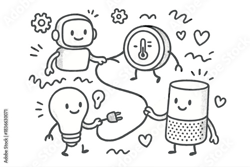 Friendly AI Collaboration. Delightful doodle of friendly AI assistants, thermostats, and bulbs helping each other connect,