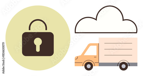 Lock represents security, connected to a delivery truck under a cloud. Ideal for logistics, cybersecurity, e-commerce, data storage, delivery networks, SaaS digital protection. Simple flat metaphor