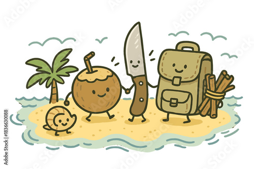Tropical Gear Cooperation. Delightful doodle of cute tropical survival kit layout with anthropomorphic gear pieces cooperating on