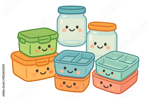 Cheerful Container Stack. Adorable doodle scene of cheerful containers — glass jars, lunch boxes, and bento trays — happily