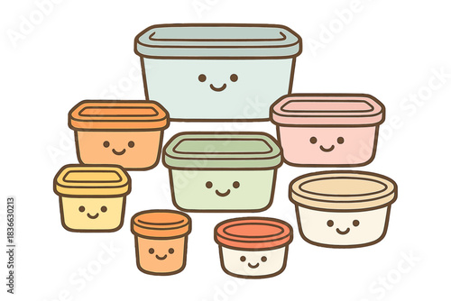 Cheerful Meal Prep. Cute doodle infographic-style artwork of an organized meal prep system — containers by size, color, and type —